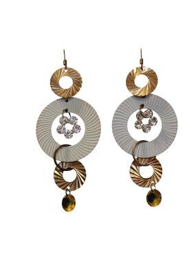 Vtg Art Deco Revival White & Gold-Tone Dangle Hoop Earrings